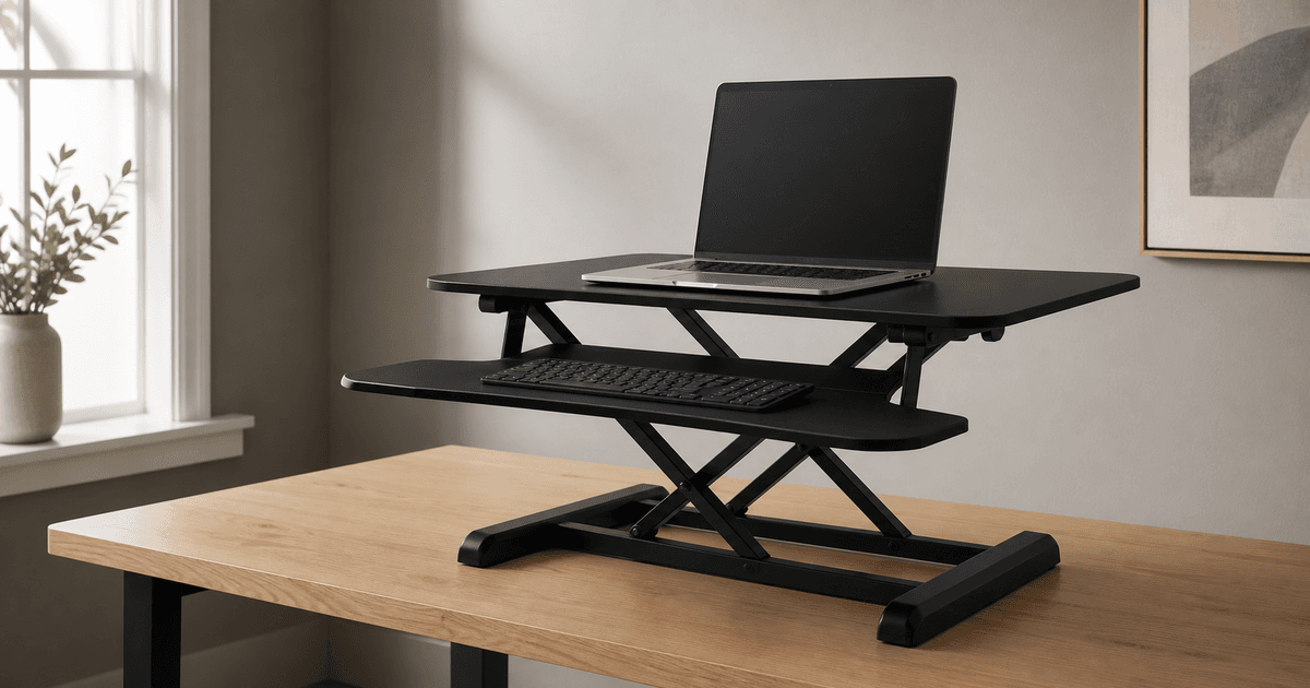 Standing desk converter campaign product photo prompt guide cover