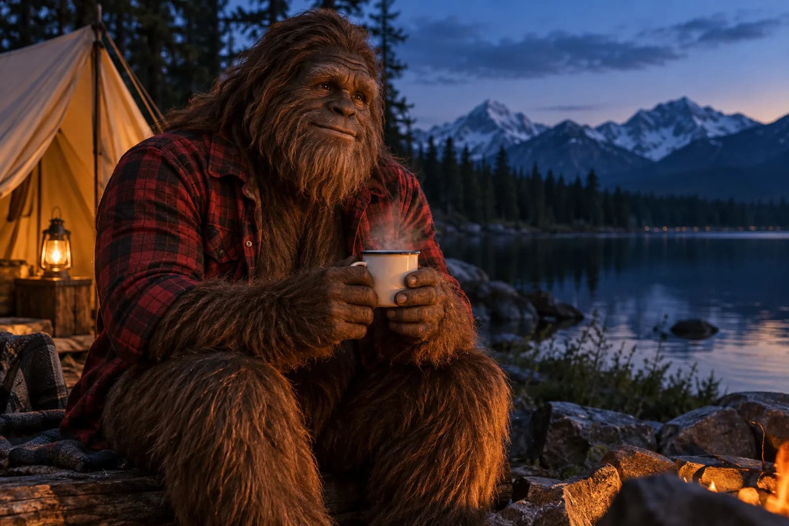Fictional Bigfoot in a red flannel shirt holding a mug at a lakeside campsite