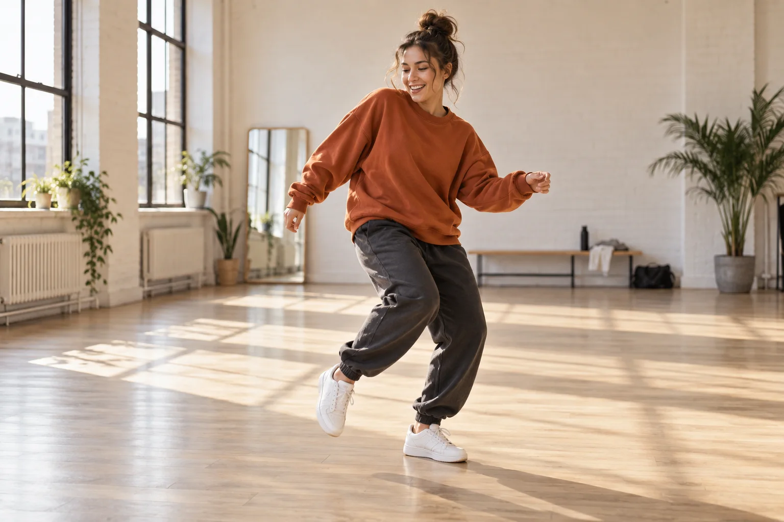 Adult dancer in an orange sweatshirt and loose joggers in a sunlit studio