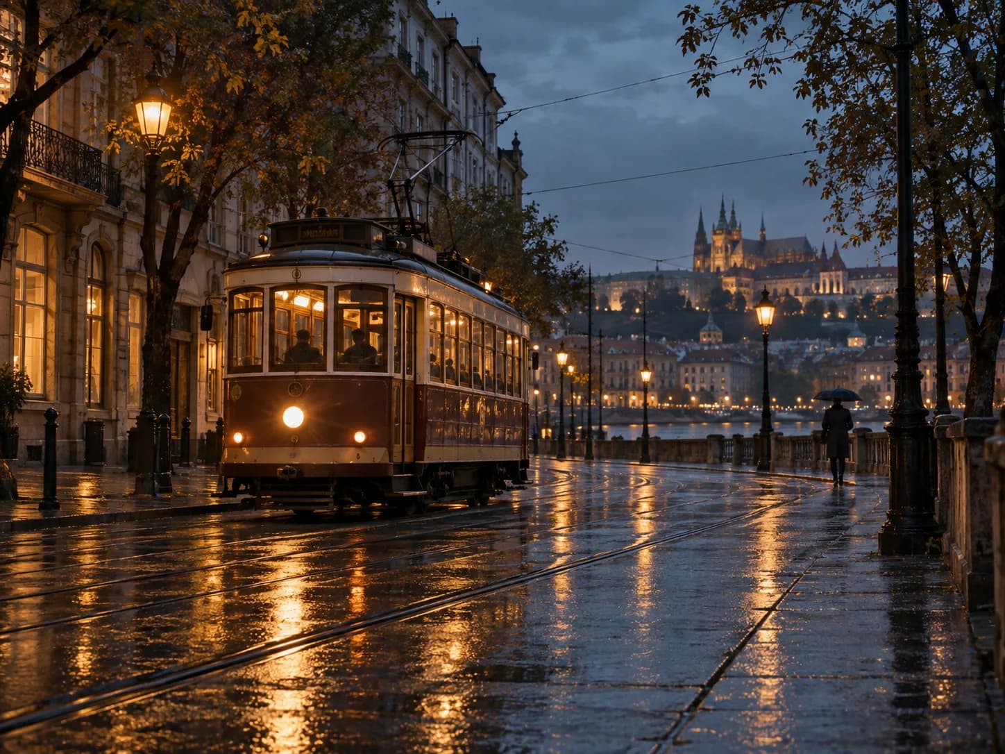 A tram crossing a rain-soaked street at dusk