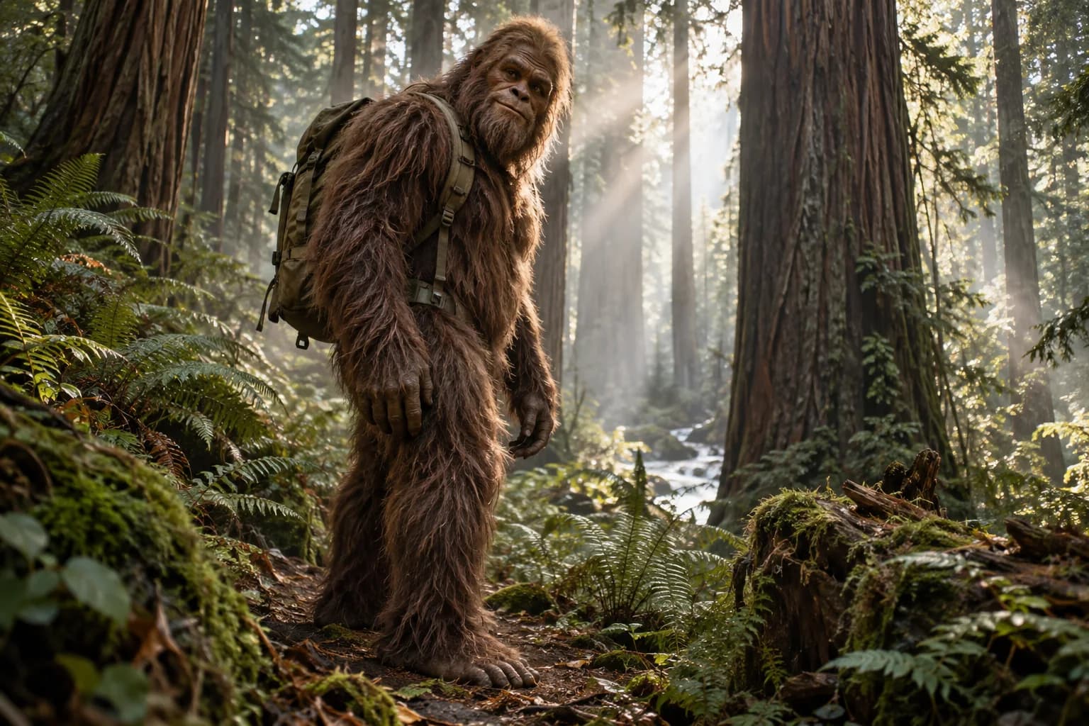 Fictional Bigfoot with a hiking backpack on a misty redwood trail