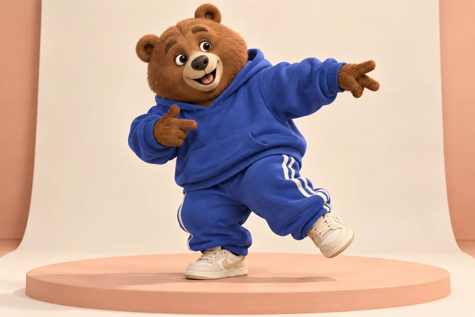 Original cartoon bear in a blue tracksuit dancing on a peach stage