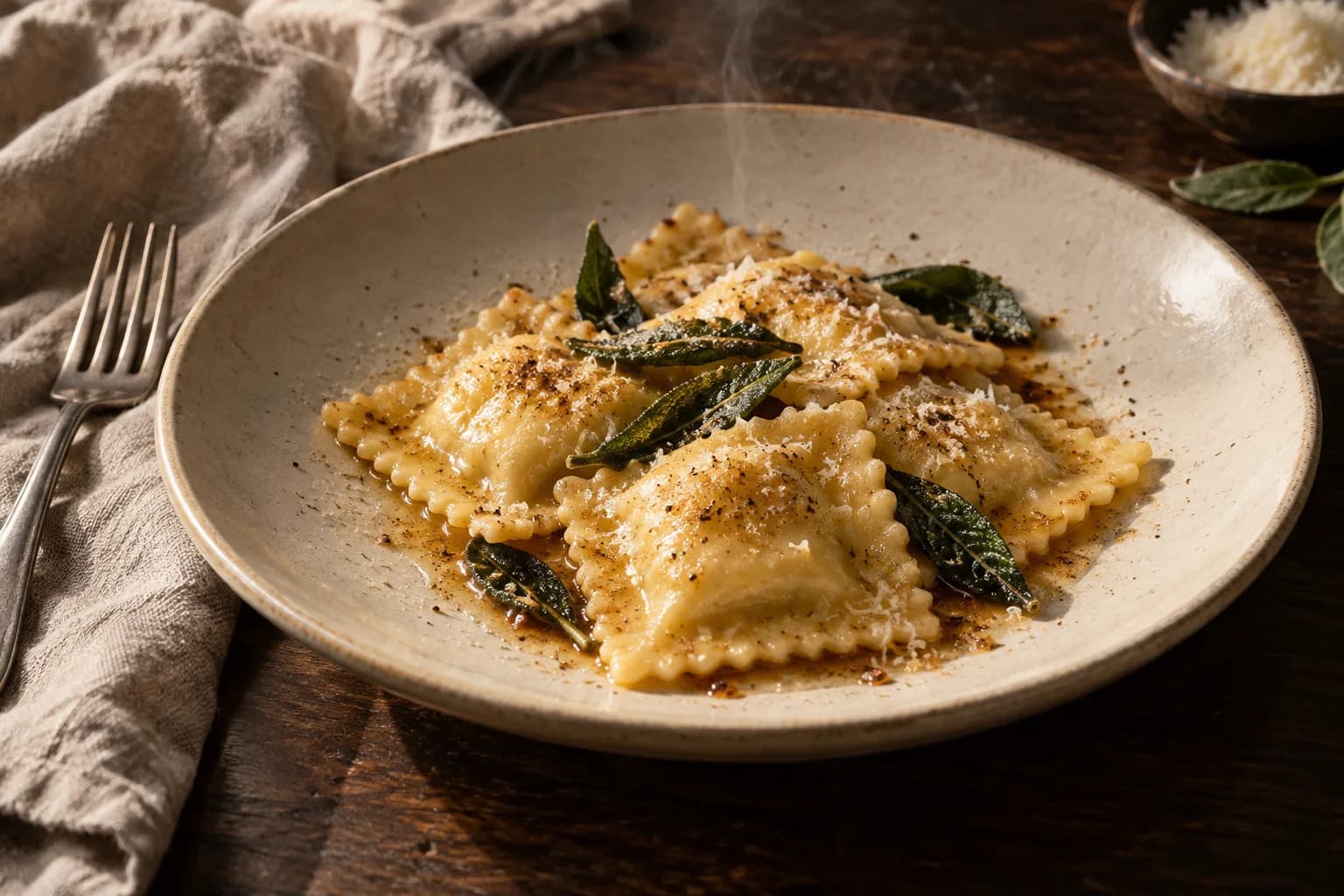 Handmade ravioli with sage on a cream ceramic plate