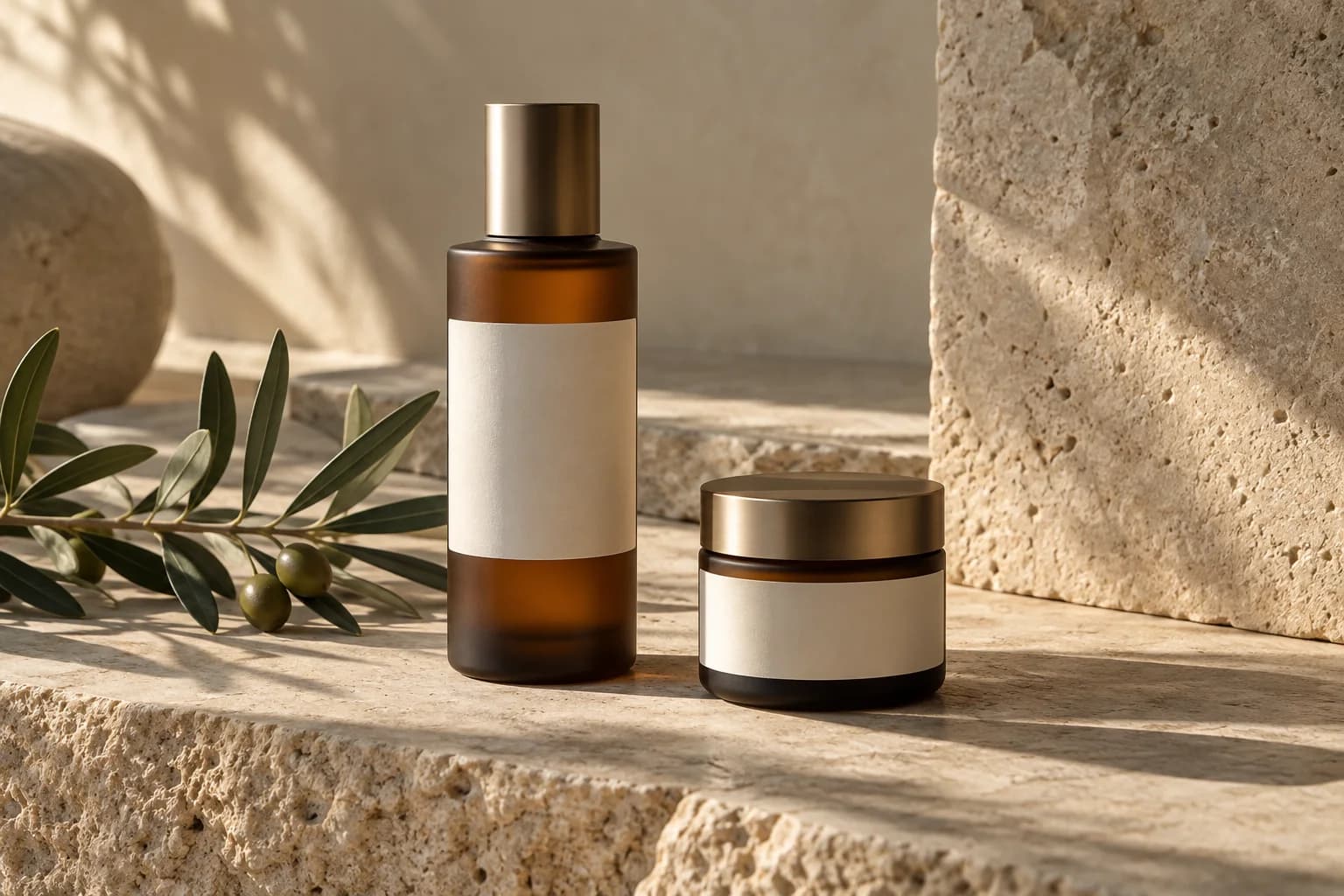 Amber skincare bottle and jar on sunlit limestone