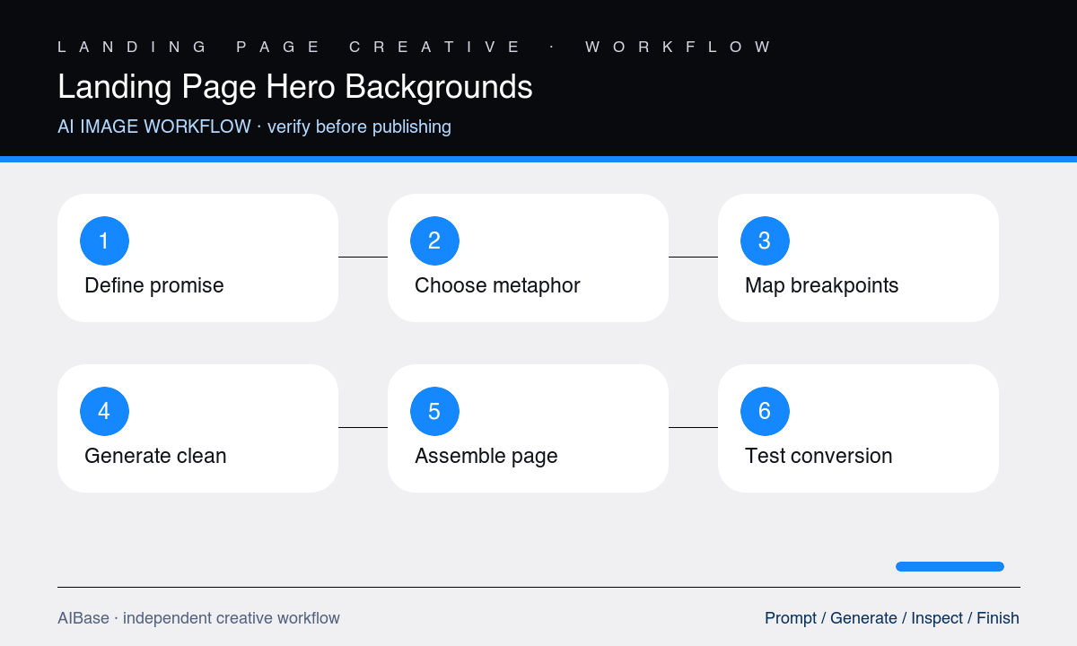 Define promise choose metaphor map copy space generate crops assemble test publish landing page hero workflow