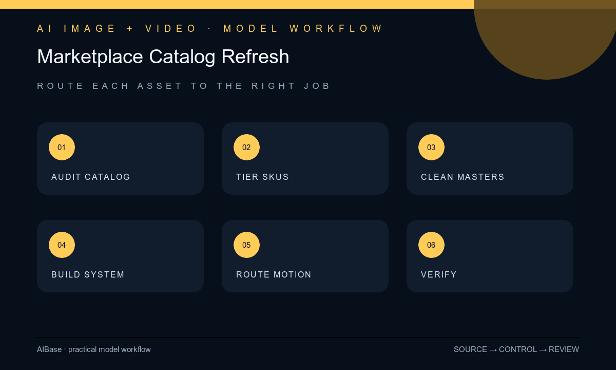 Audit catalog tier SKUs clean masters build backgrounds create campaigns route motion verify publish workflow