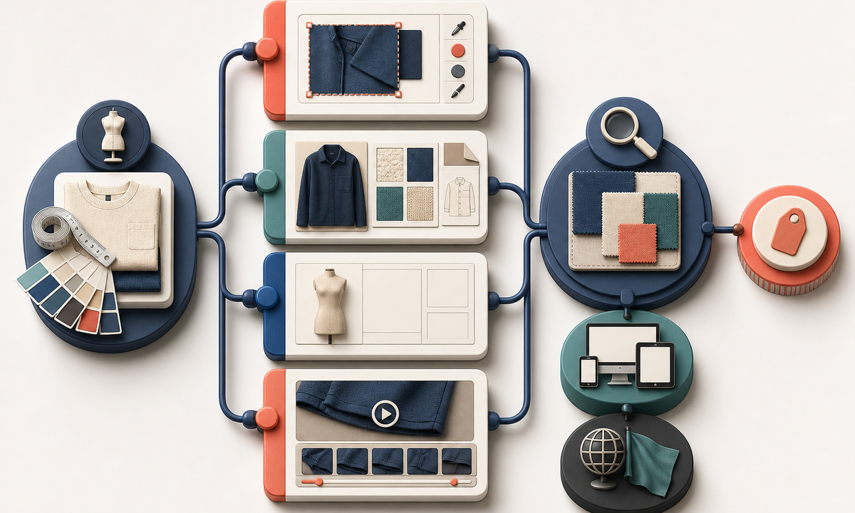 Start from authoritative garment measurement and fit data route cleanup text free layouts reference images bounded motion and consented presentation assemble editable guide test fit accuracy accessibility locale and returns feedback workflow