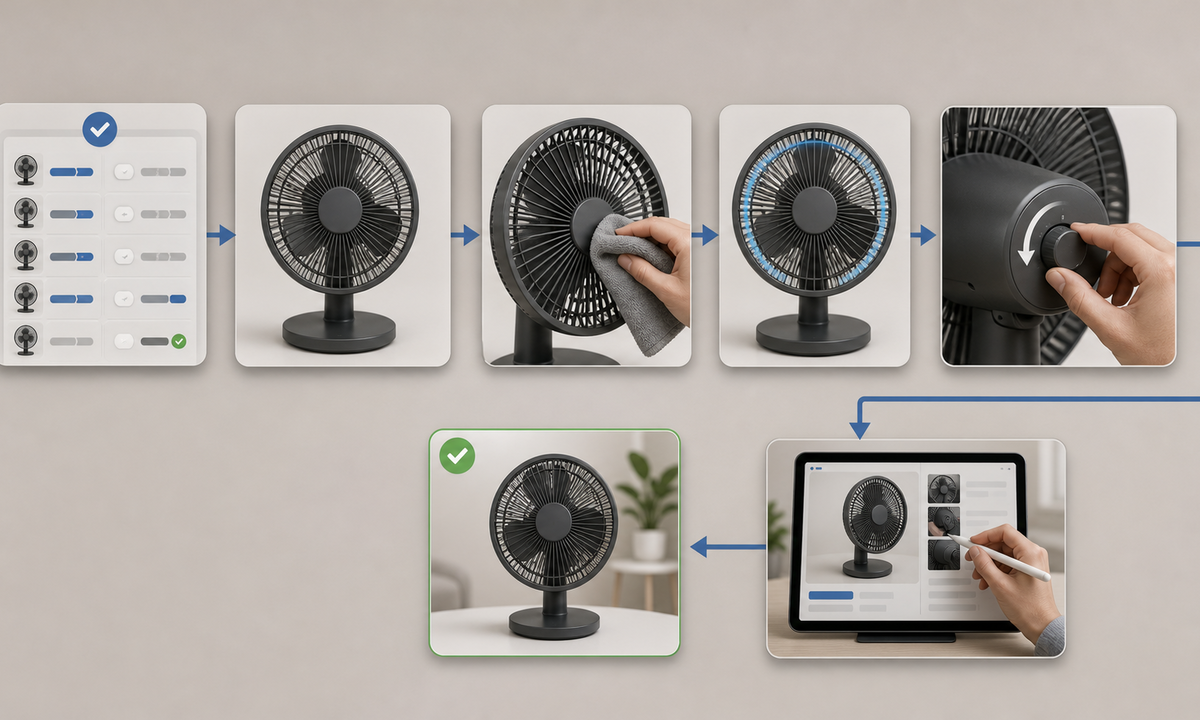 Freeze manual and symptom truth build safe decision tree capture exact states route cleanup state images backgrounds and motion assemble editable diagnostics test escalation accessibility warranty and rollback workflow