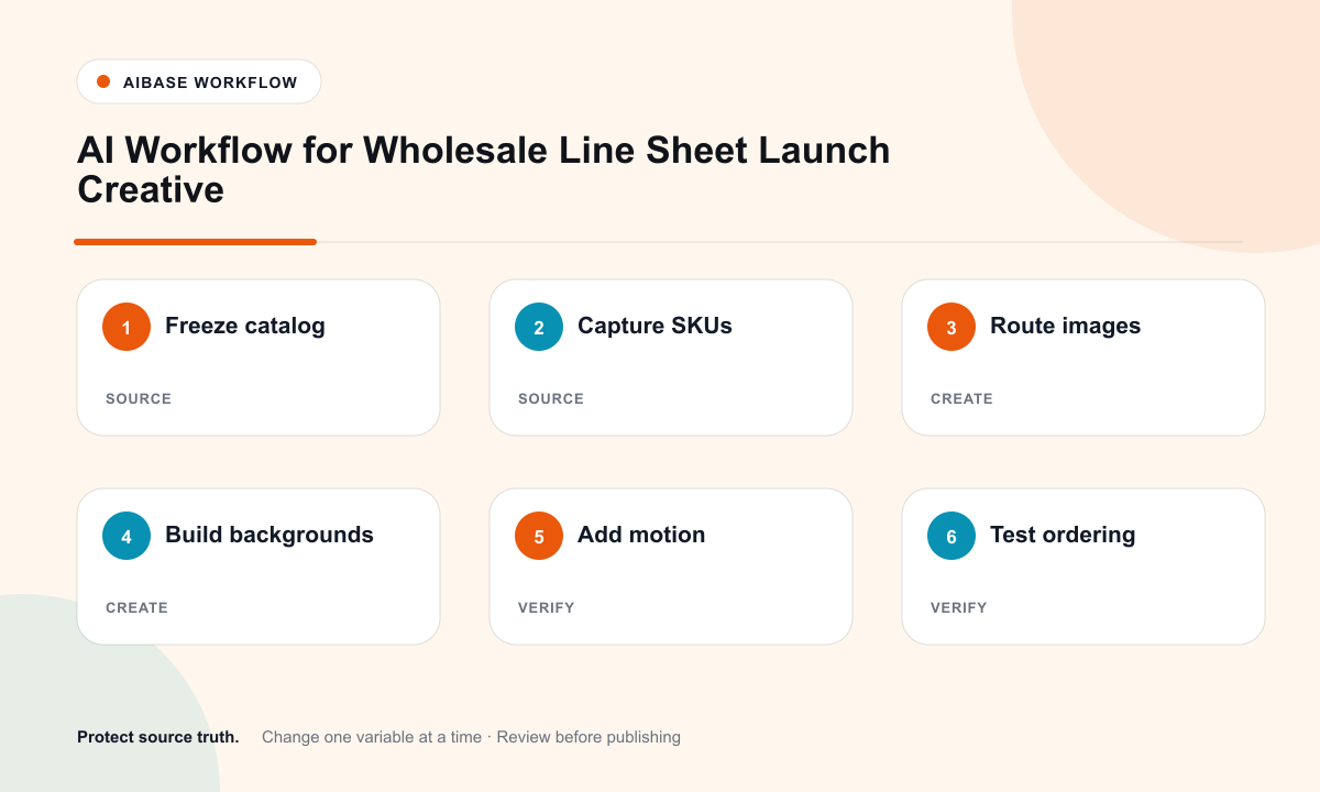 Freeze wholesale catalog truth capture packshots route cleanup scenes backgrounds and motion assemble editable line sheet test buyer ordering workflow