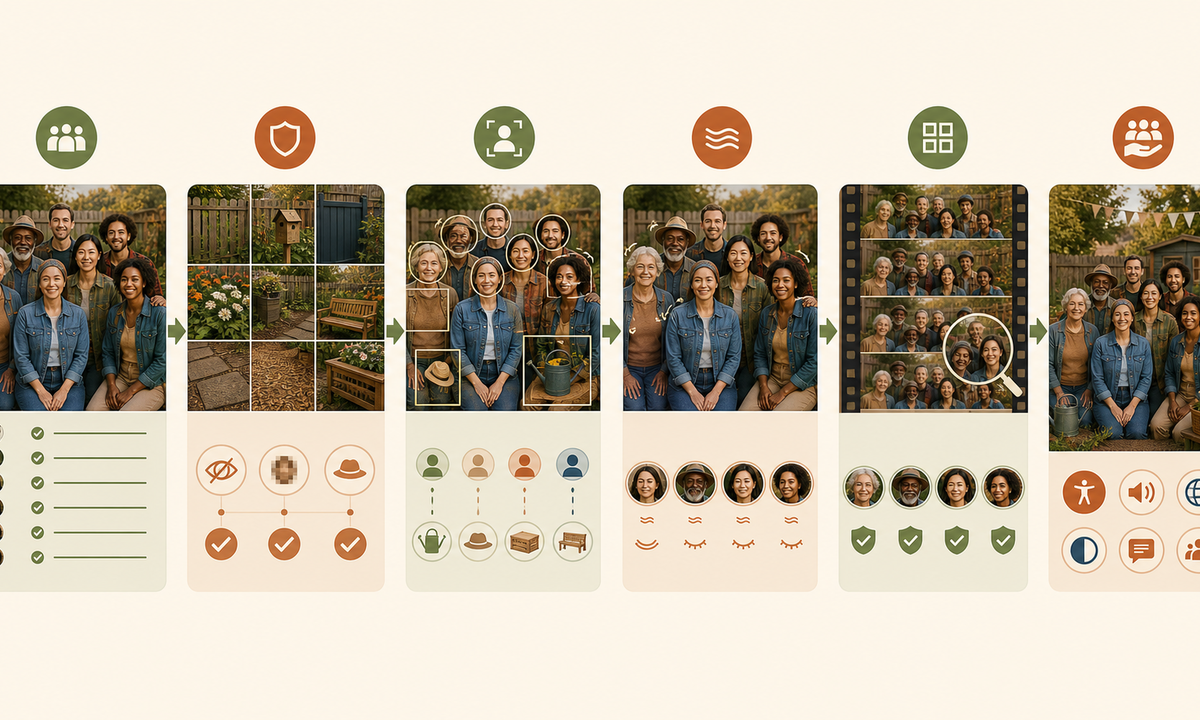 Confirm participant photographer land garden crop tool sign and channel permissions audit minors addresses plot labels and private details map every person plant and object animate breathing and named blinks inspect identity privacy and stewardship claims workflow