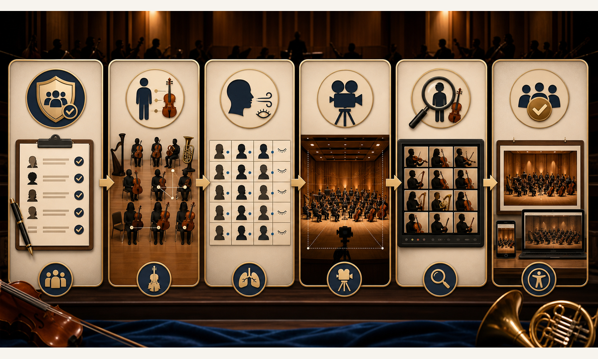Collect musician conductor guardian venue photographer and instrument consent map every identity row instrument bow stand and sign animate breathing and named blinks inspect frames publish accurate event context workflow