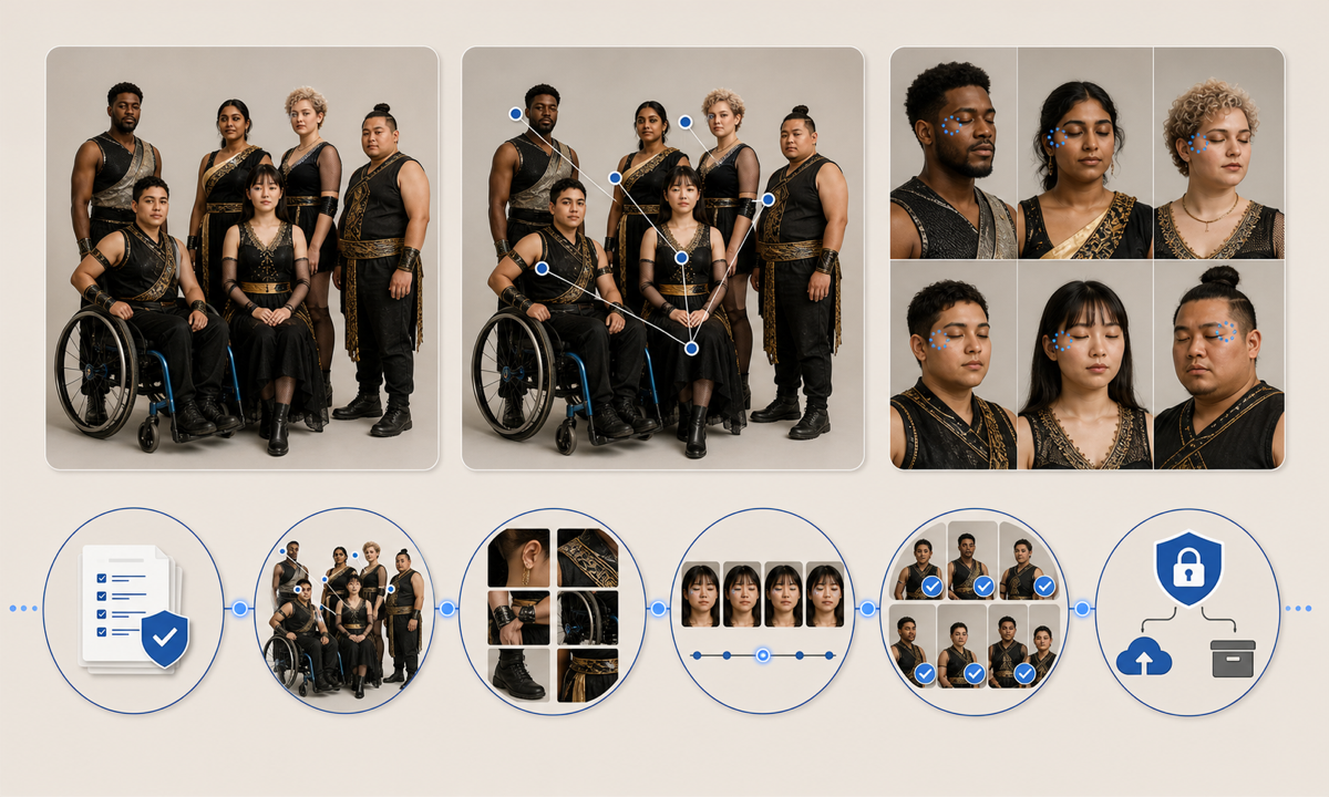 Confirm person by person and costume permissions audit minors venue and sensitive context map every identity pose costume formation and prop assign breathing and named blinks inspect frames publish with accurate credits and removal path workflow