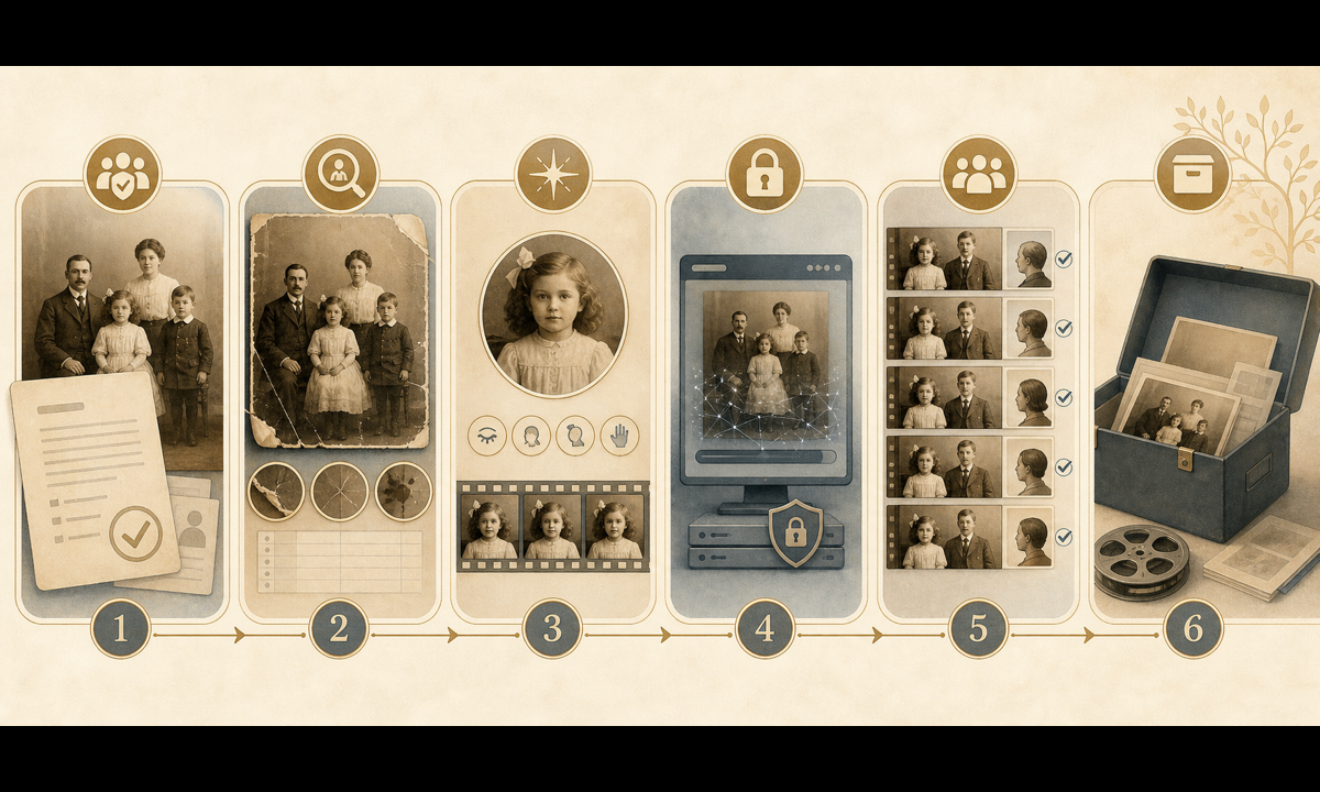 Confirm family consent identify people protect historical context choose micro motion review privately archive workflow