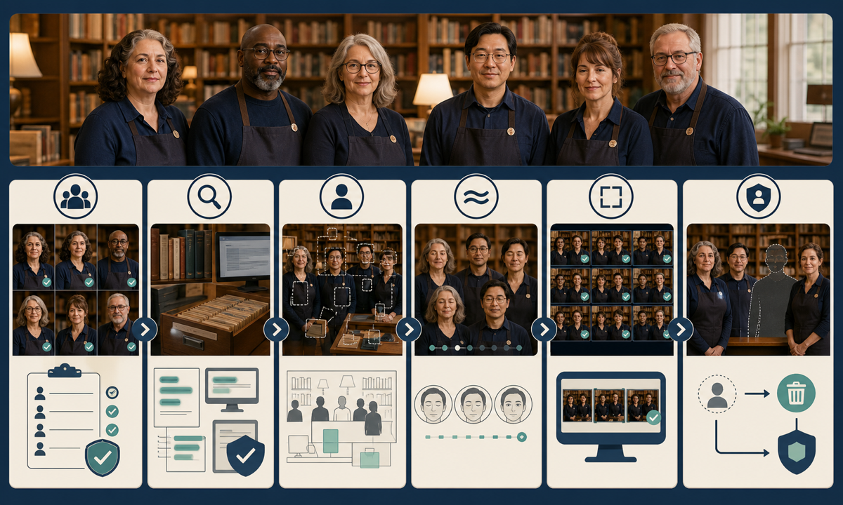 Confirm person by person animation consent audit minors patrons screens borrower data badges books signs and location map every identity and protected object animate breathing and named blinks inspect frames publish accurate program context workflow