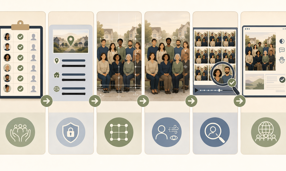 Collect participant photographer venue and channel consent audit addresses signs minors and civic context map each person row hand and object animate breathing and named blinks inspect identity privacy and publish factual context workflow