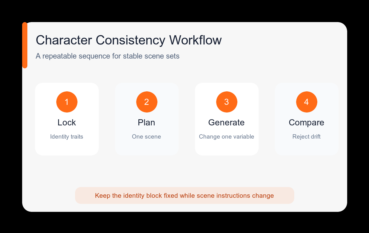 Character consistency workflow from identity sheet to scene review