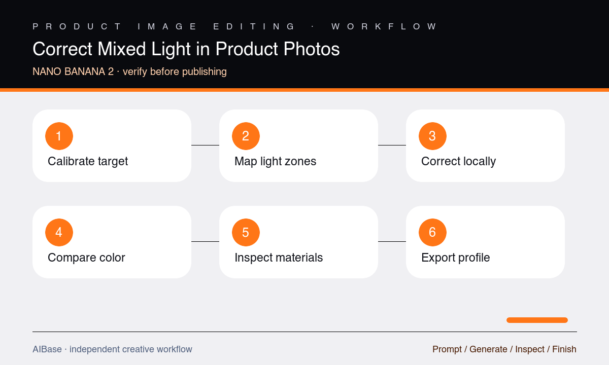 Calibrate mask neutralize compare inspect export mixed-light product correction workflow