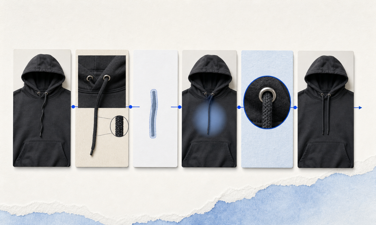 Verify garment map both cords mask one twisted segment edit narrowly inspect length hardware fabric and symmetry export exact SKU workflow