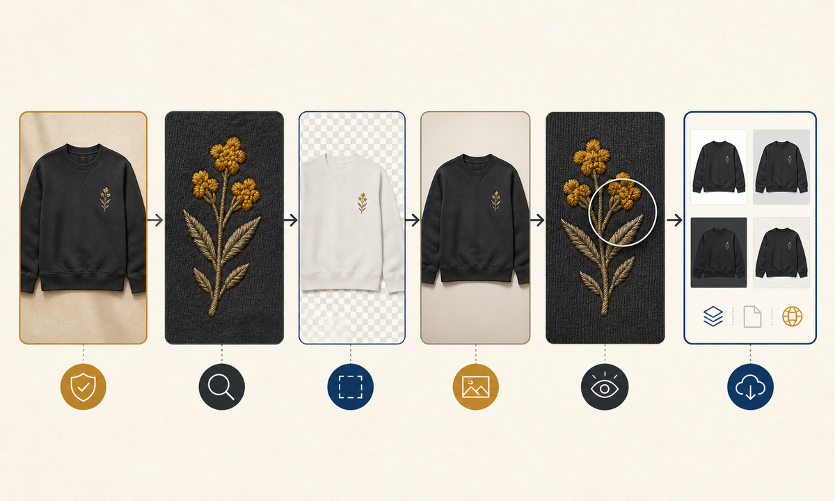 Verify garment and embroidery capture detail reference mask outside edge replace background inspect threads color shadows and condition export approved variants workflow