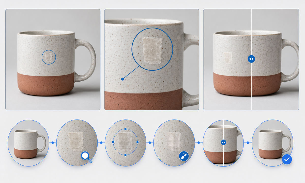 Verify removable adhesive map glaze evidence mask one residue patch edit locally compare surface and archive approved ceramic cleanup workflow