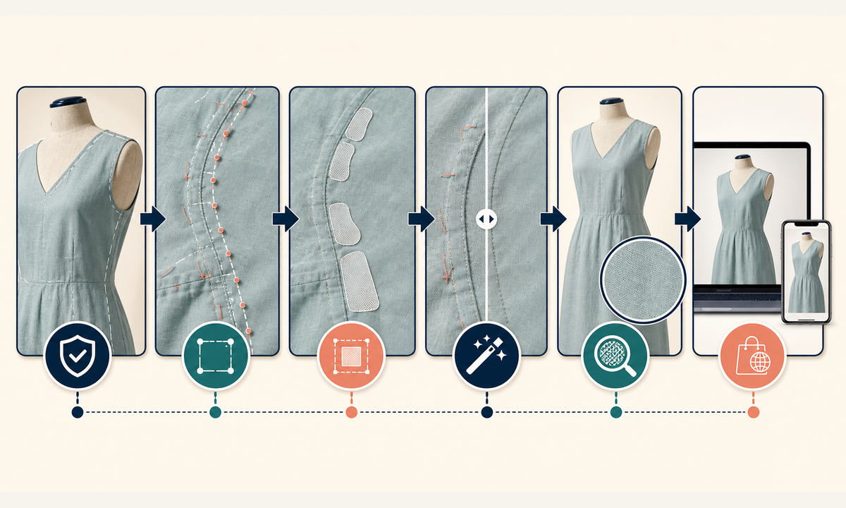 Confirm temporary stitches map each thread lock permanent construction edit small masks inspect fabric seams silhouette and listing accuracy workflow