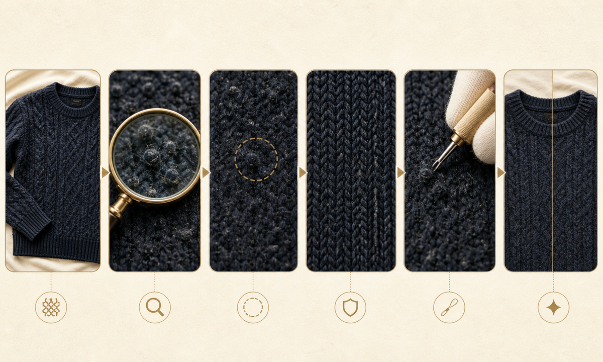 Audit knitwear condition map approved pill zones protect yarn seams labels color and shadows edit one area compare at full resolution and export truthful product photo workflow