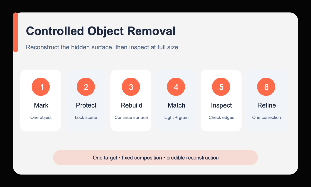 Mark protect reconstruct inspect refine object removal workflow