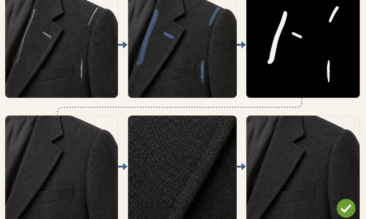 Verify chalk marks map protected construction edit tiny masks inspect textile and approve accurate listing workflow