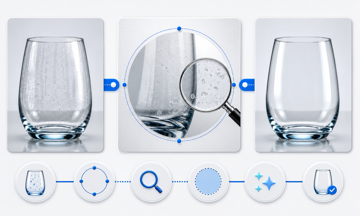 Verify removable mineral spots preserve glass evidence mask one region edit locally compare refraction and archive approved cleanup workflow