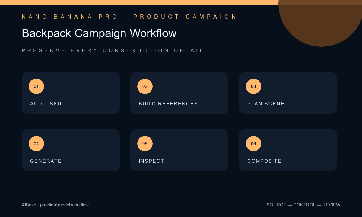 Audit backpack SKU build reference map scene generate inspect composite approve workflow