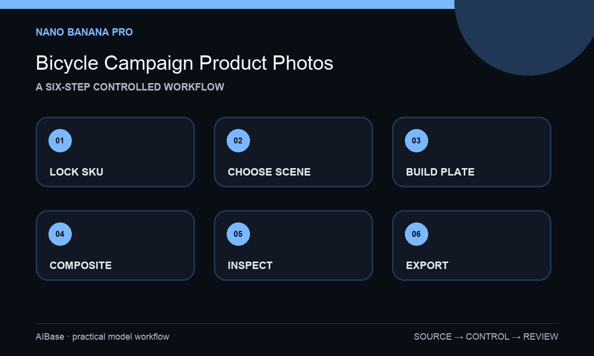 Lock SKU choose scene build plate composite inspect export bicycle campaign workflow