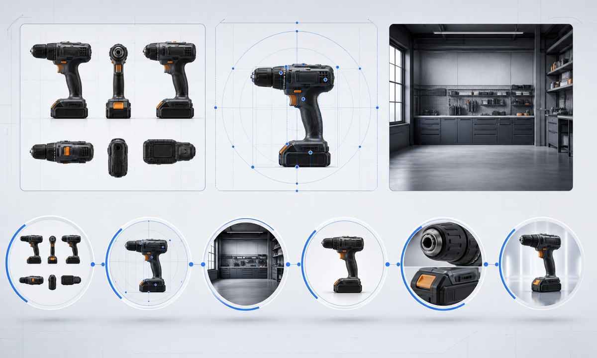 Freeze drill SKU capture product and accessory references choose safe scene lock geometry generate text free hero composite exact product verify claims and channel crops workflow