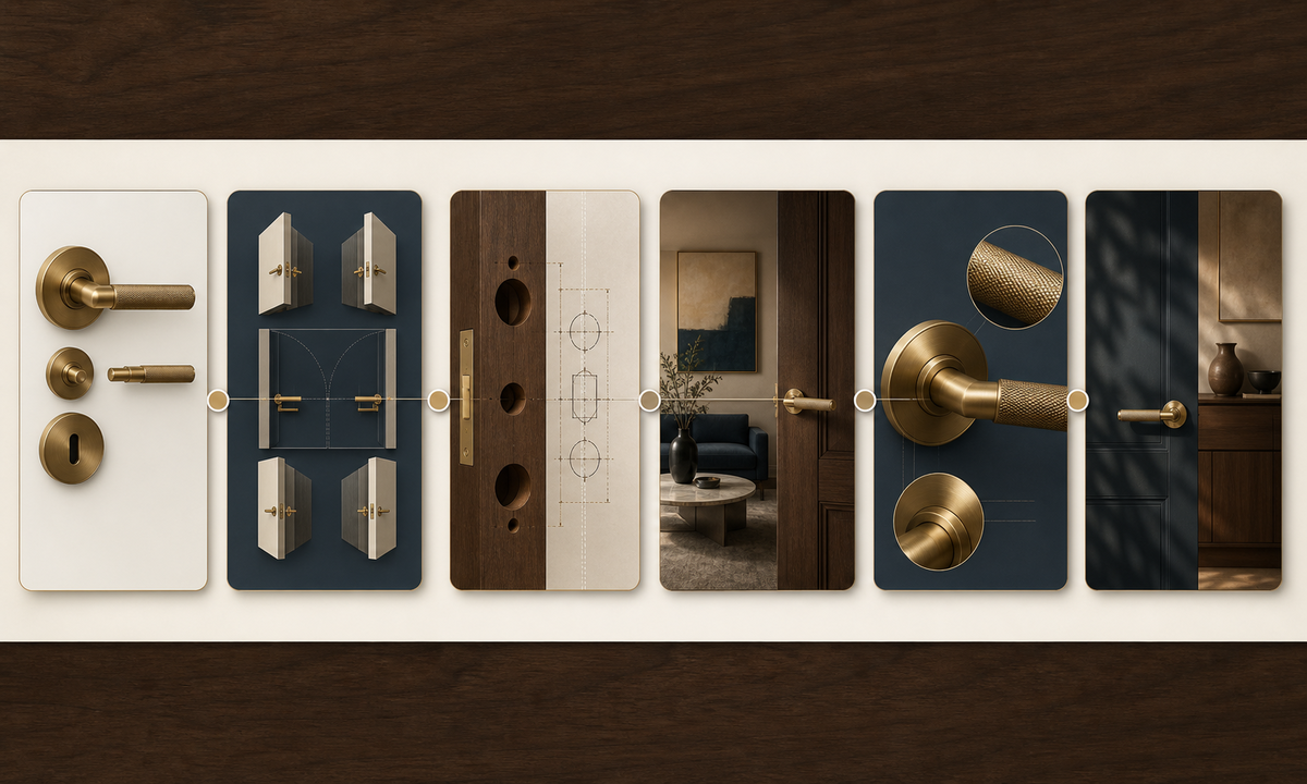 Freeze exact hardware SKU capture finish geometry and handing build bounded door scene inspect installation and assemble verified compatibility copy workflow