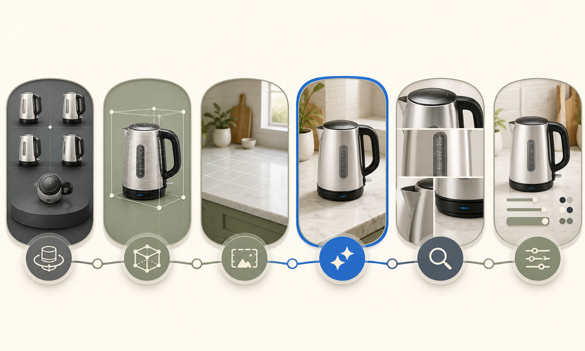 Verify kettle SKU capture complete references lock geometry build safe scene generate compare product details assemble claims and publish workflow