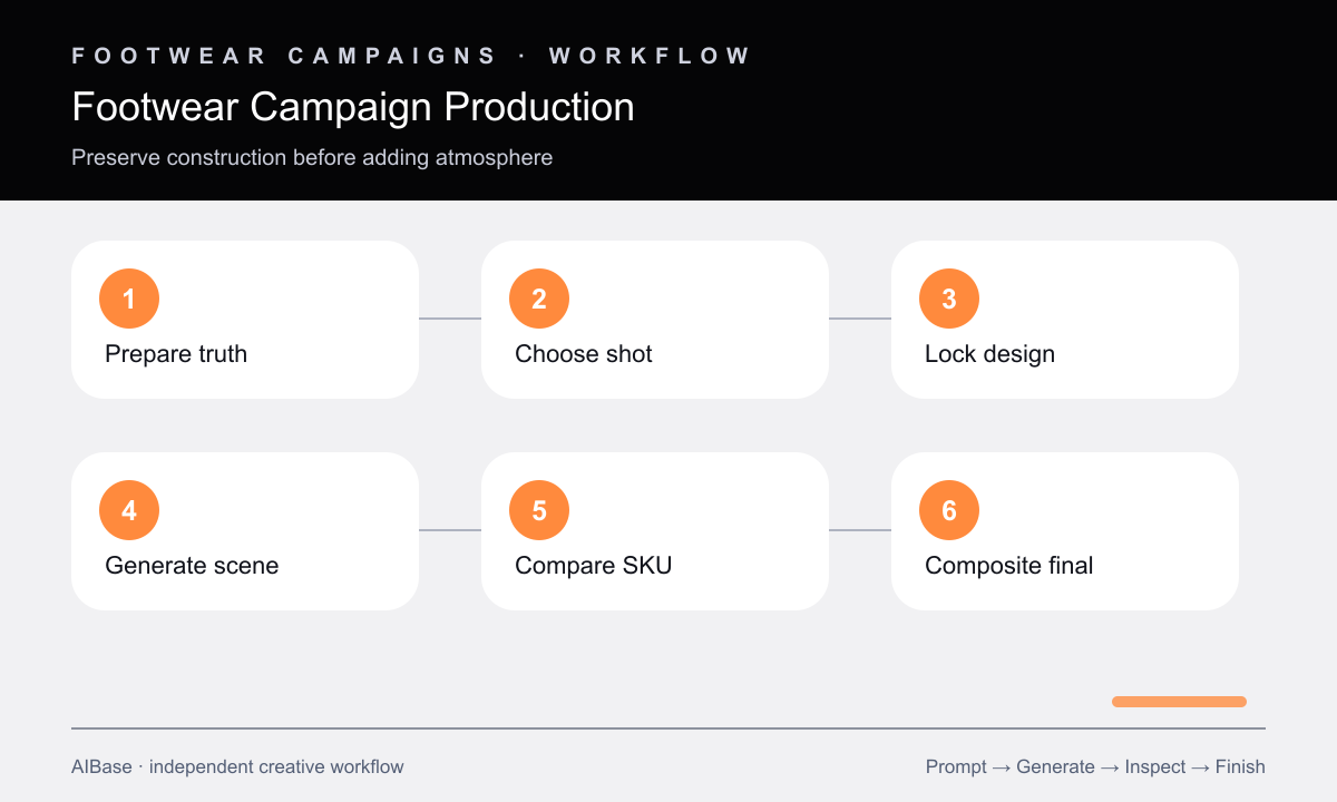Prepare shoe truth choose shot lock design generate compare composite approve footwear campaign workflow