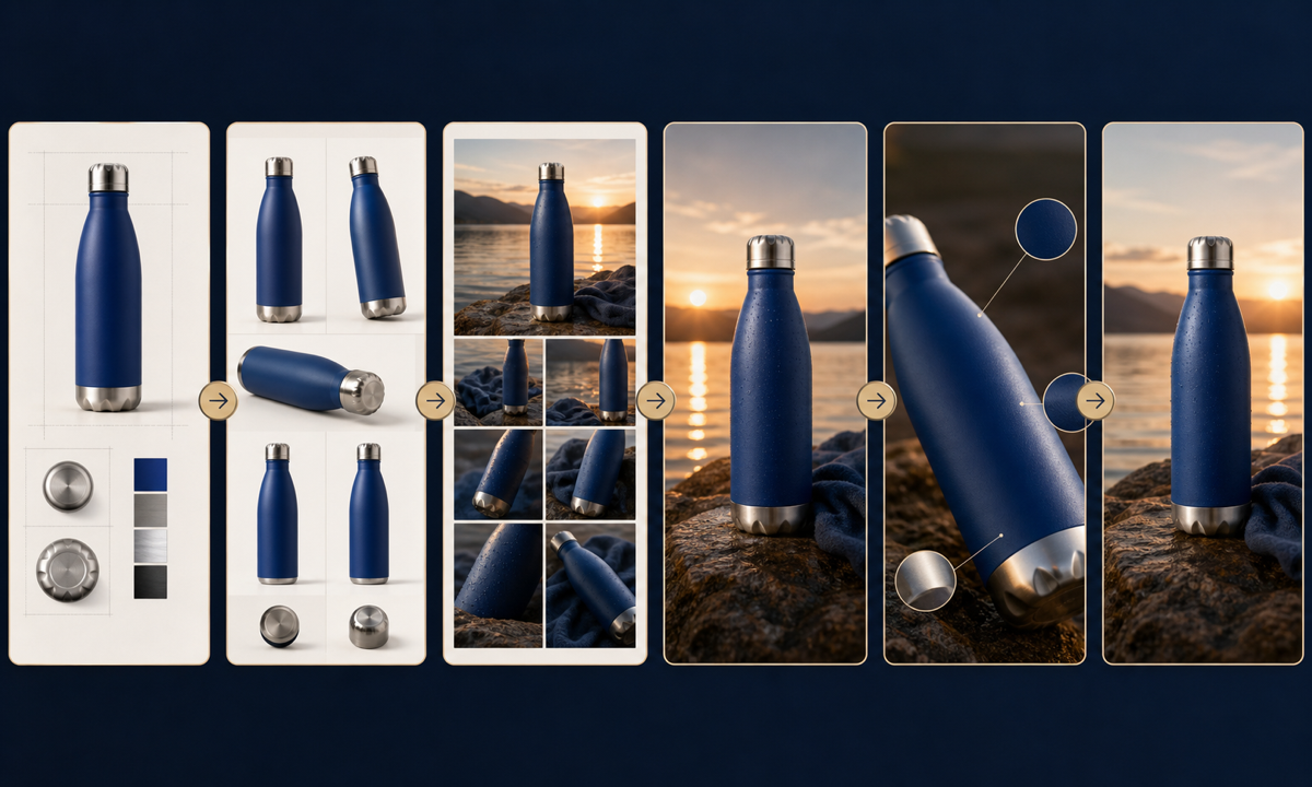 Build exact bottle truth sheet capture cap handle base and finish references choose one buyer scene generate preserve product inspect geometry reflections and claims composite exact label workflow