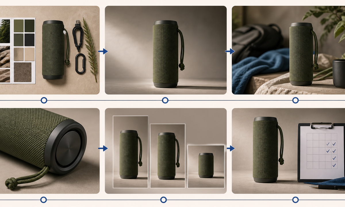 Freeze speaker SKU capture reference pack map protected geometry create hero lifestyle detail and ratio shots inspect claim accuracy workflow