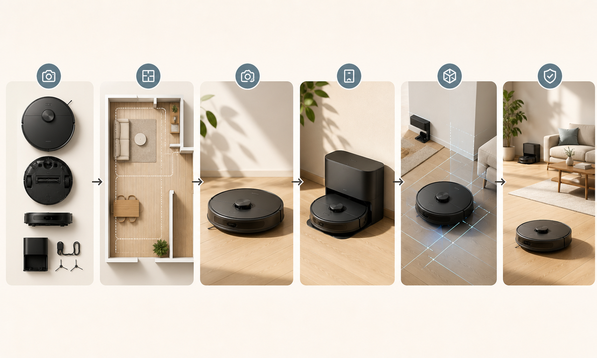 Freeze robot vacuum SKU geometry sensors dock accessories and claims capture reference pack measure scene generate unloaded beauty plate inspect contact reflections and clearance composite verified copy workflow