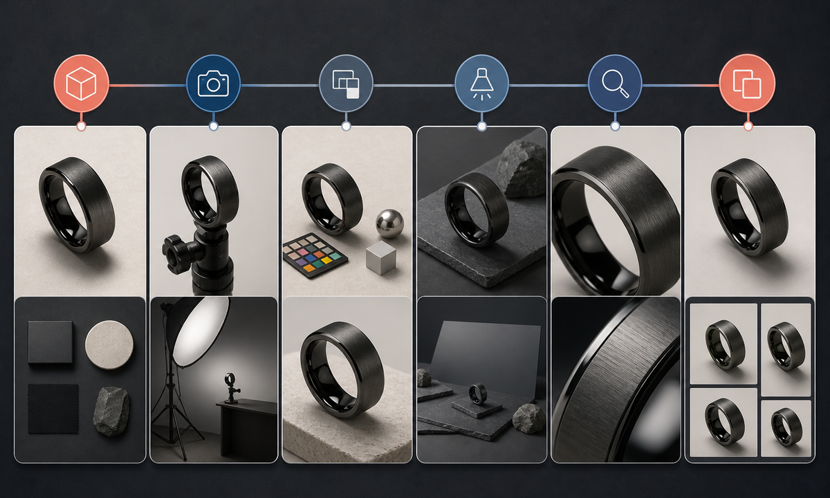 Freeze smart ring product truth capture exterior and interior references lock scale materials and sensors draft one scene inspect geometry and finish export channel crops workflow