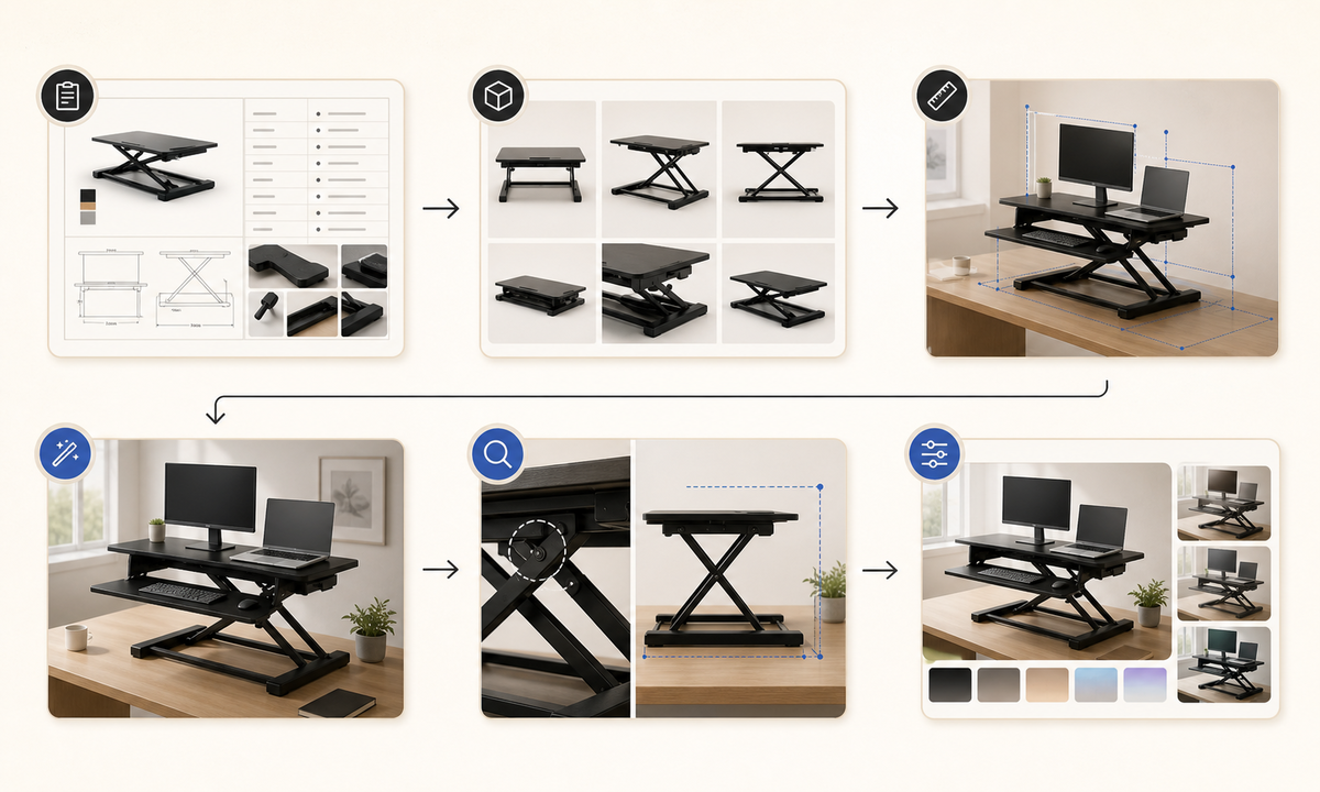 Freeze desk converter SKU collect platform base mechanism height and accessory references choose verified workspace generate unloaded state inspect geometry scale contact and claims composite specifications workflow
