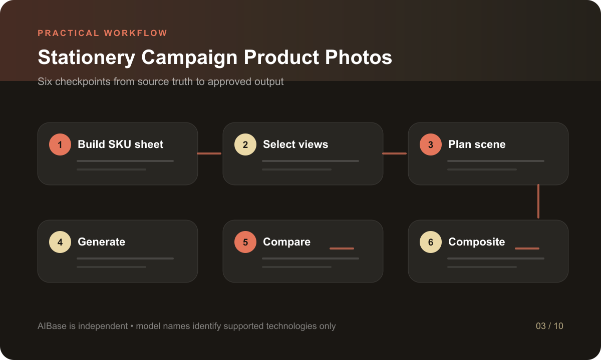 Build SKU sheet select references protect paper and hardware plan scene generate compare and composite stationery workflow