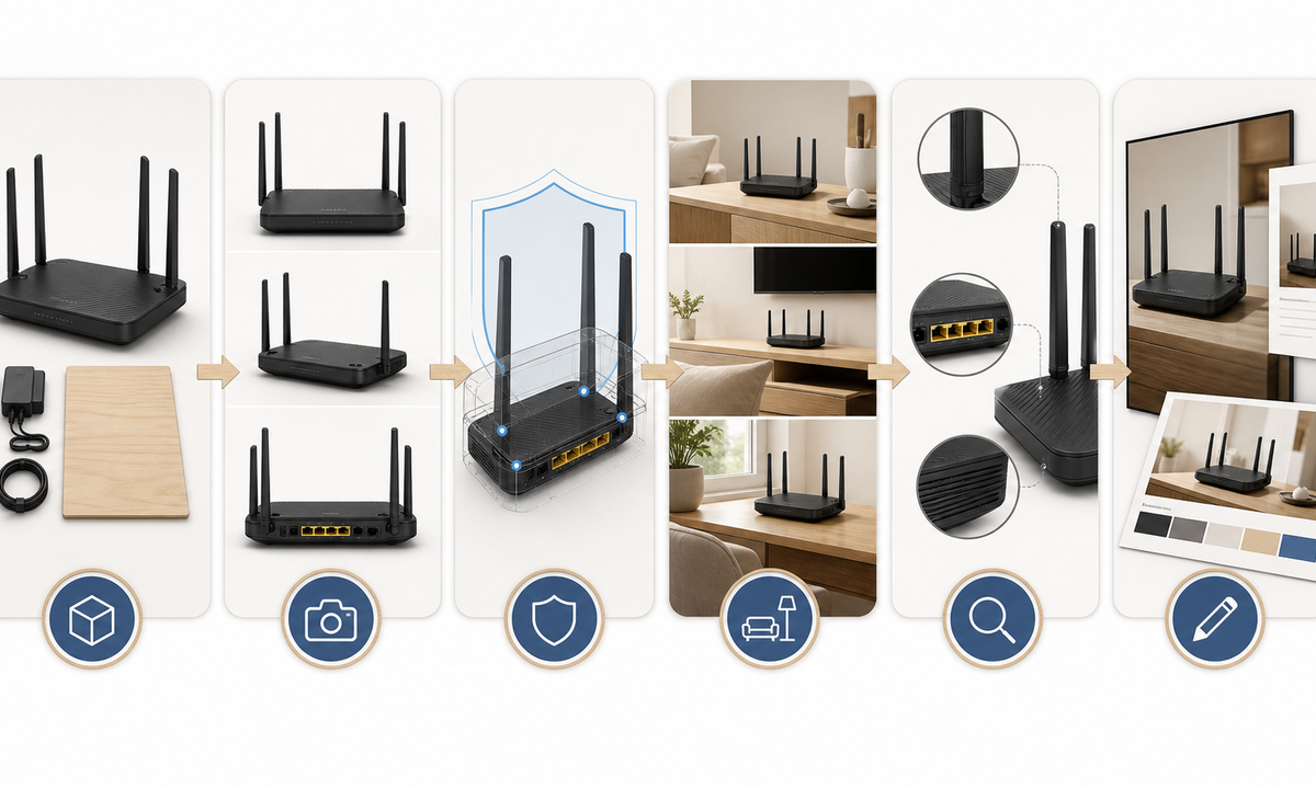 Freeze router SKU hardware and claim truth capture reference views map protected details generate room scenes inspect ports antennas indicators and assemble verified ecommerce campaign workflow