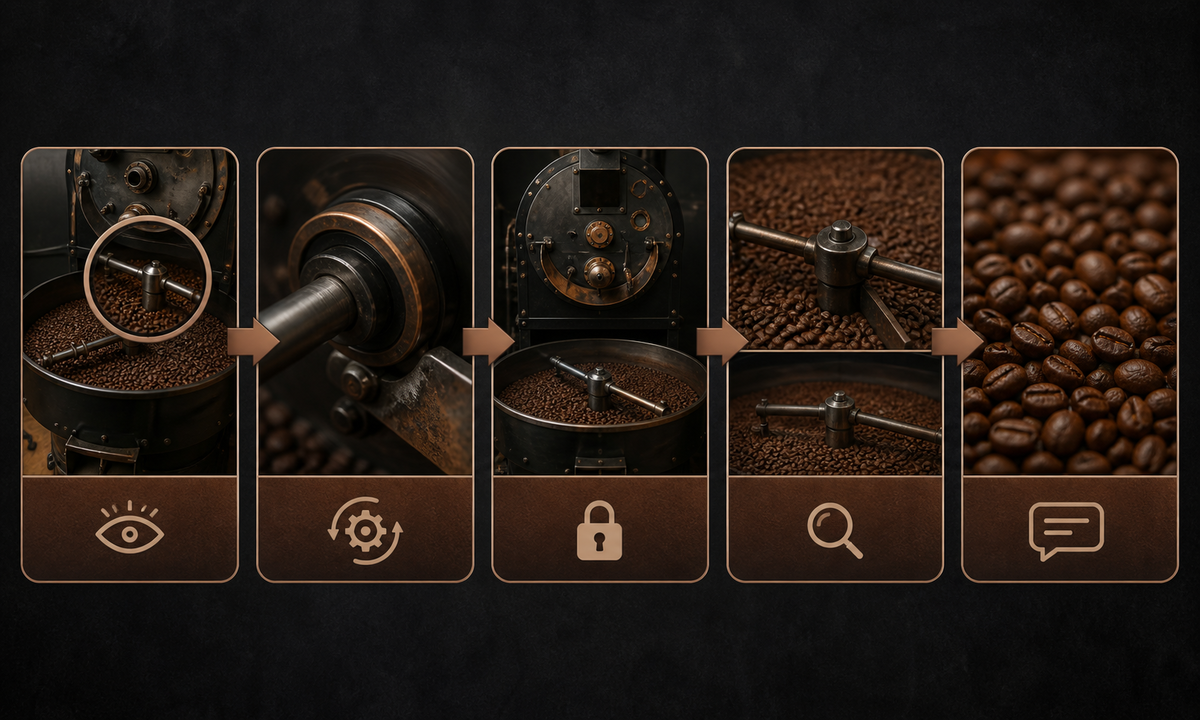 Verify roast stage choose motion lock machine and beans animate inspect caption workflow