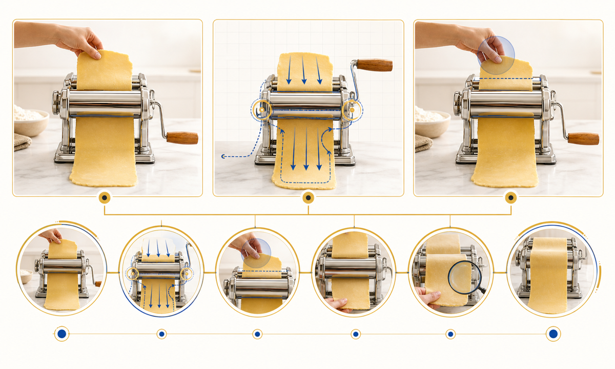 Verify recipe stage choose documented roller action map machine dough and hands animate one pass inspect thickness continuity and hygiene add verified process caption workflow