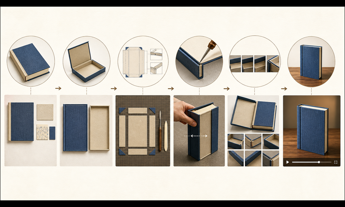 Verify binding stage map text block case joints endpapers hands adhesive and tools animate one alignment action inspect geometry disclose workflow