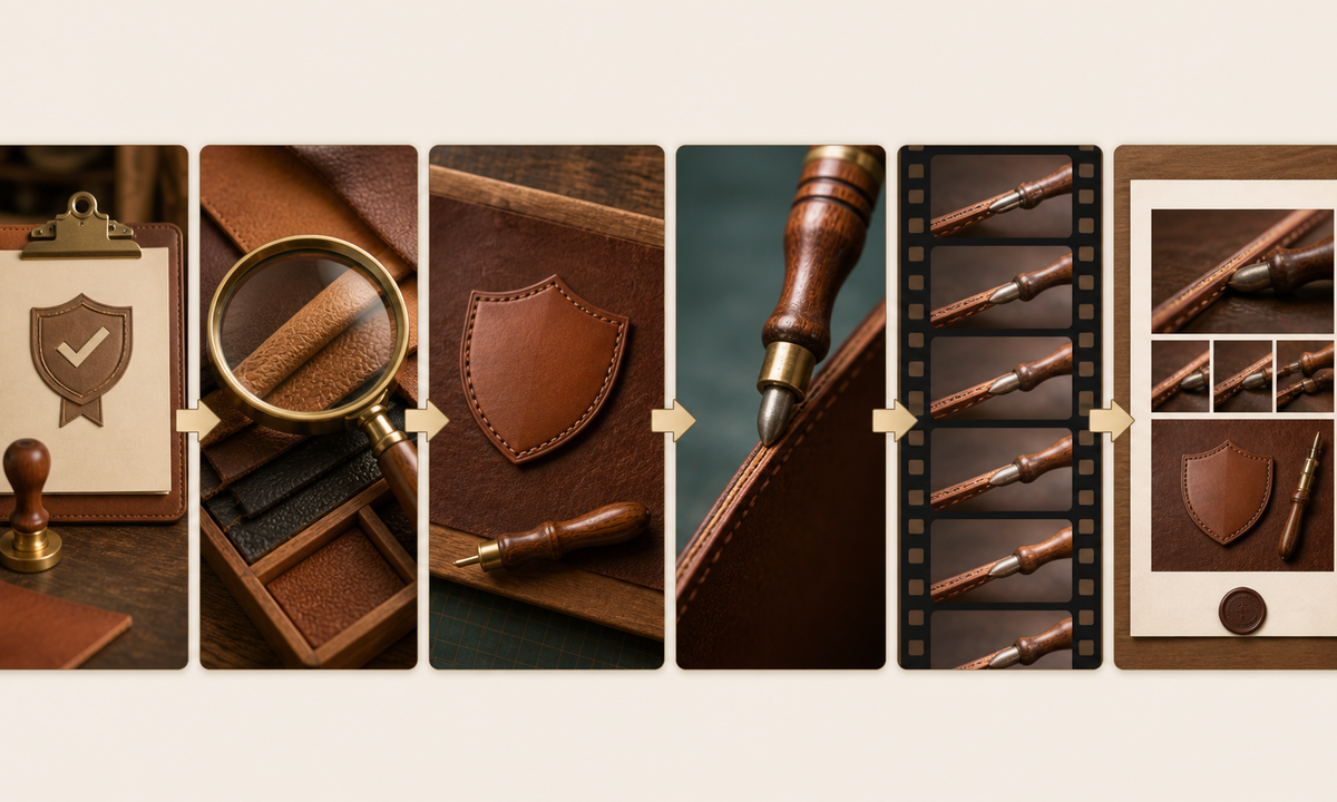 Verify leather piece stage and safety choose visible edge tool and contact map hands layers and grain animate one short burnish pass inspect frame by frame and label illustrative workflow