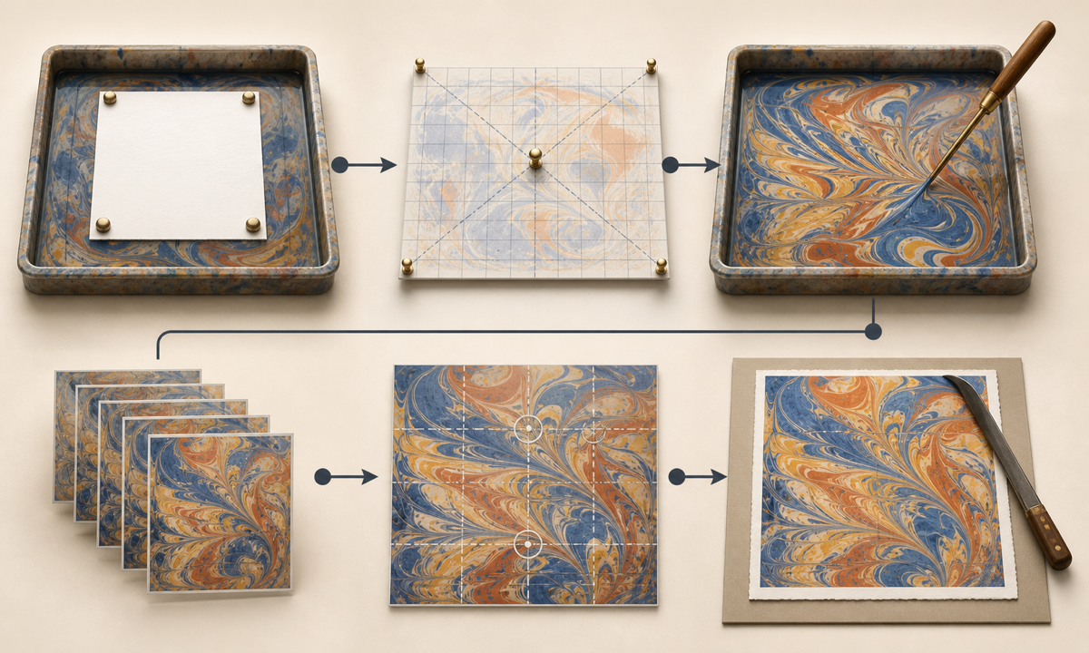 Verify craft method choose one visible action map pigments tools hands and liquid animate inspect pattern continuity assemble factual sequence workflow