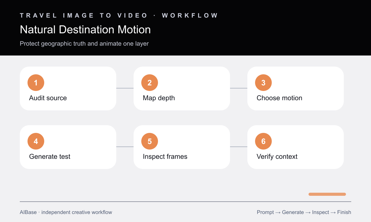 Audit travel photo map depth choose motion generate inspect verify destination video workflow