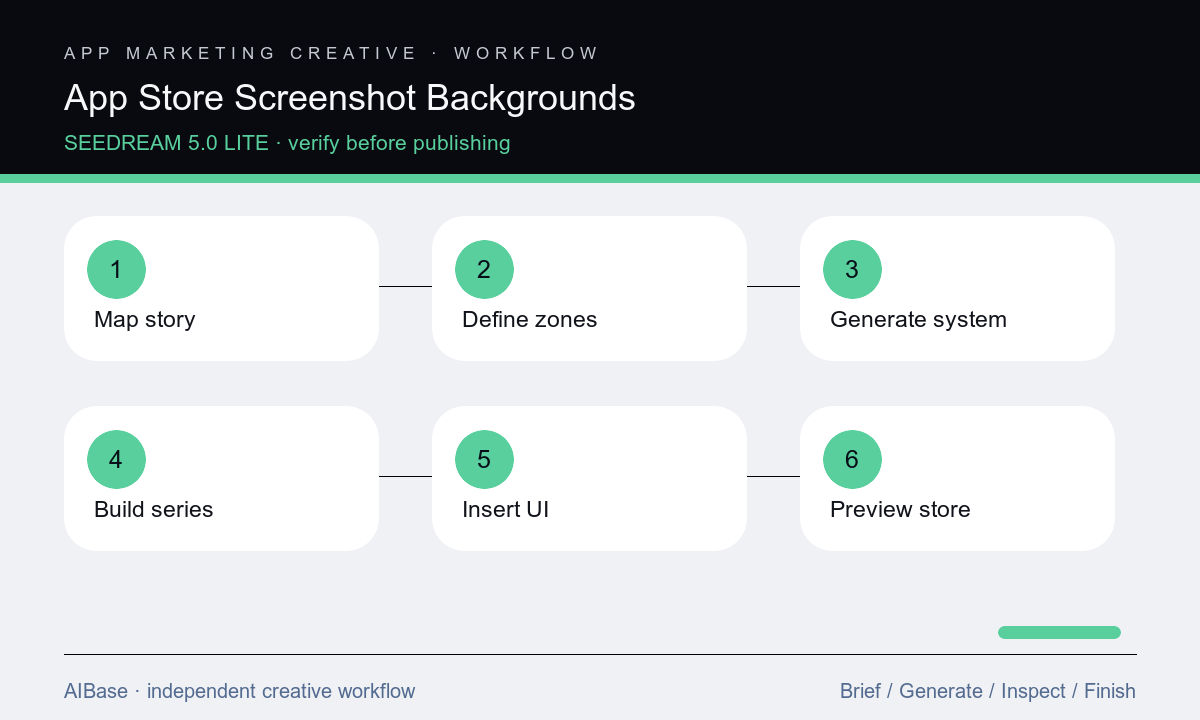 Map story define zones generate backgrounds insert real UI add type preview app store workflow