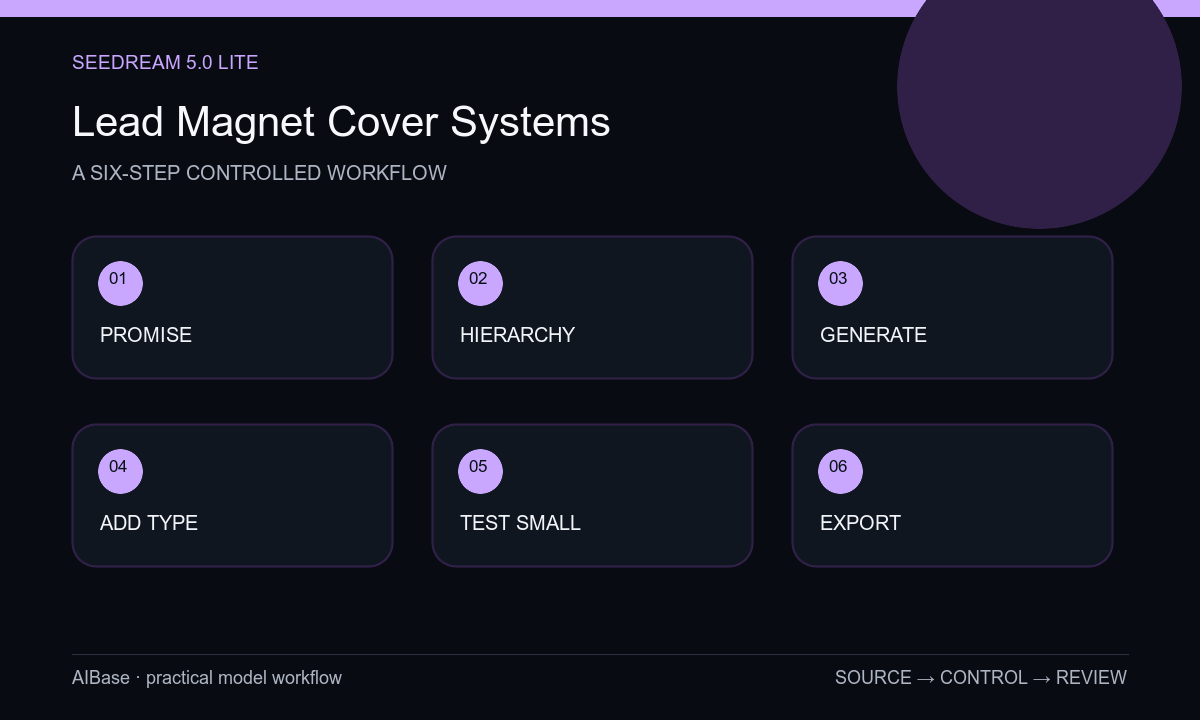 Define promise map hierarchy generate background add type test thumbnail export lead magnet cover workflow